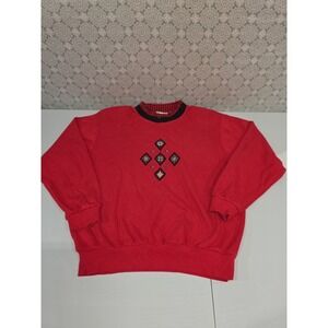 Koret Sport Red‎ Sweatshirt Medium Embroidered Diamond Gingham Trim Long Sleeve